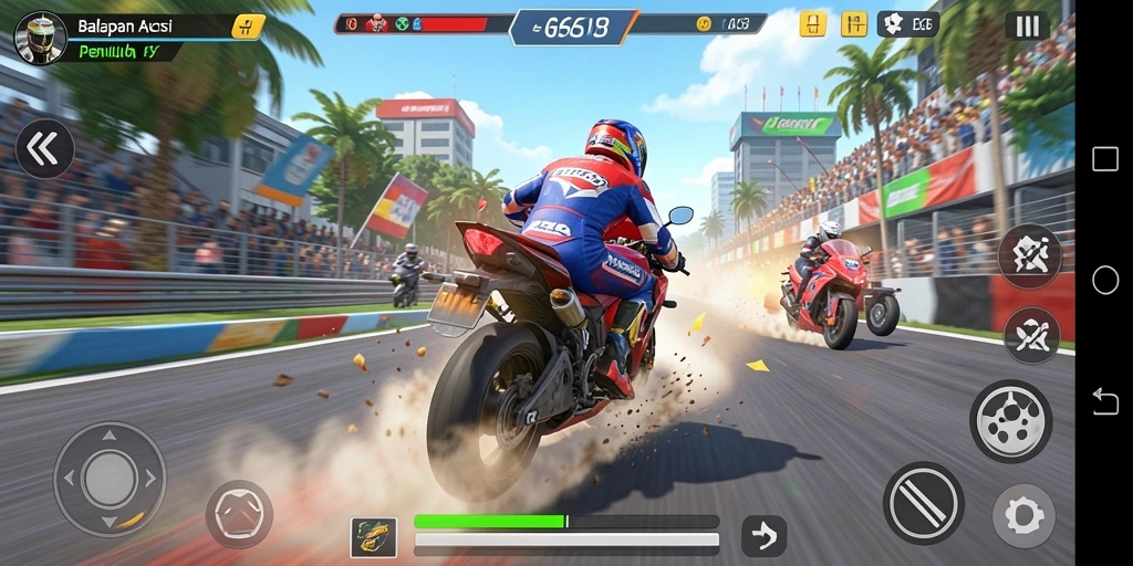 Tangkapan layar utama G668 menampilkan aksi balapan motor yang mendebarkan.