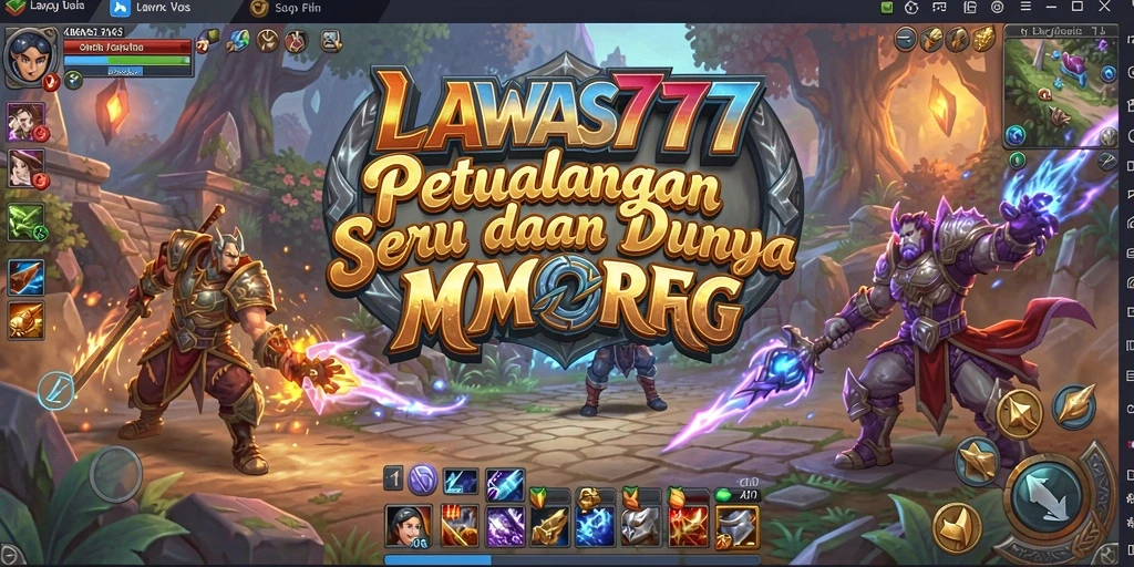 Screenshot LAWAS777 menunjukkan karakter heroik dalam pertarungan epik di dunia MMORPG.